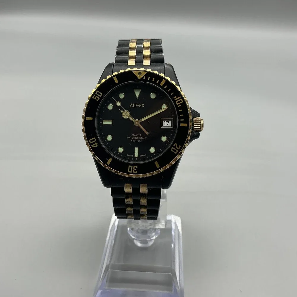Alfex 4748 Diver Mens Watch 37mm Black Gold Tone Date 200m New Battery 7.25